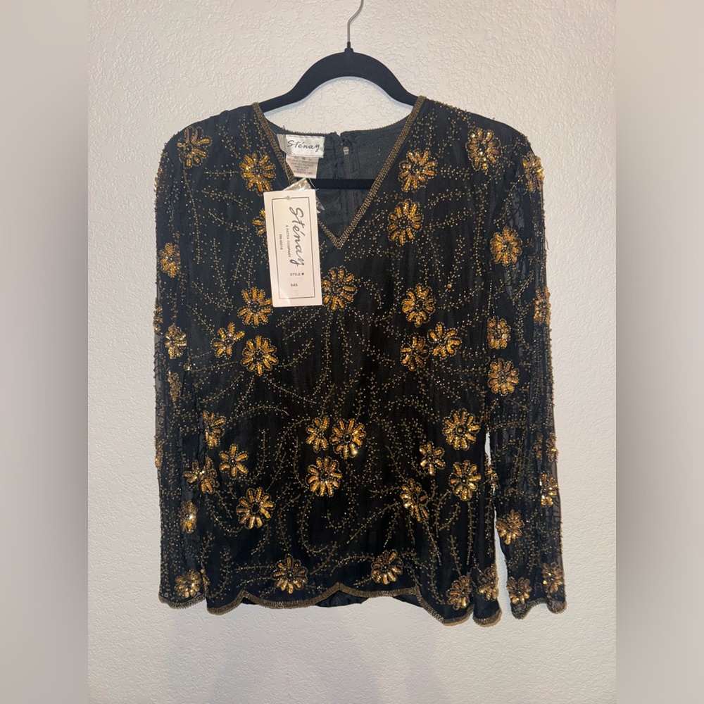 BNWT Elegant Vintage 100% Silk Black and Gold Women Top Brand Sténay Size Small